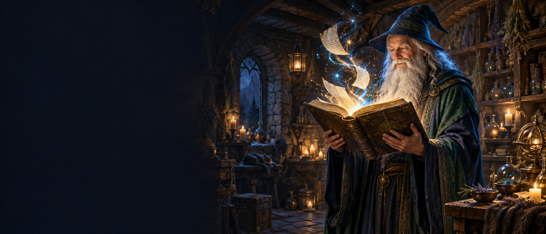 Merlin reading from a glowing spellbook in the Wizard Workshop