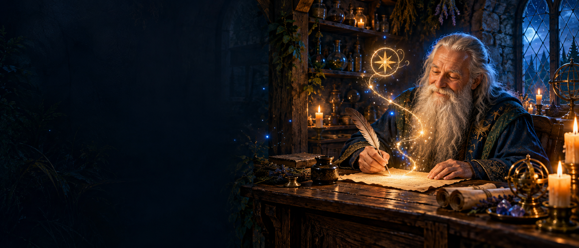 Merlin writing a magical reply at his workshop desk