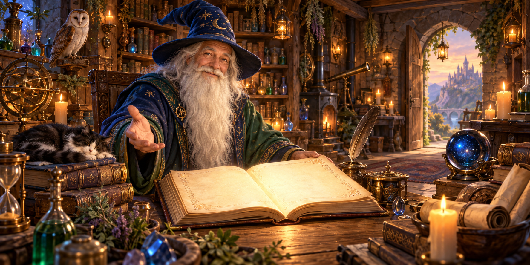 Merlin welcoming a new spell into his candlelit workshop